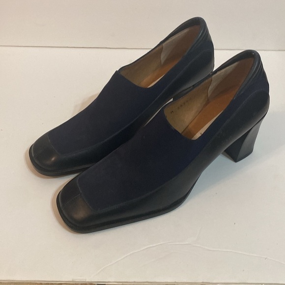 DONALD PLINER 7 M BLACK SLIP ON HEELS ELASTIC FABRIC W/ LEATHER - Picture 3 of 15